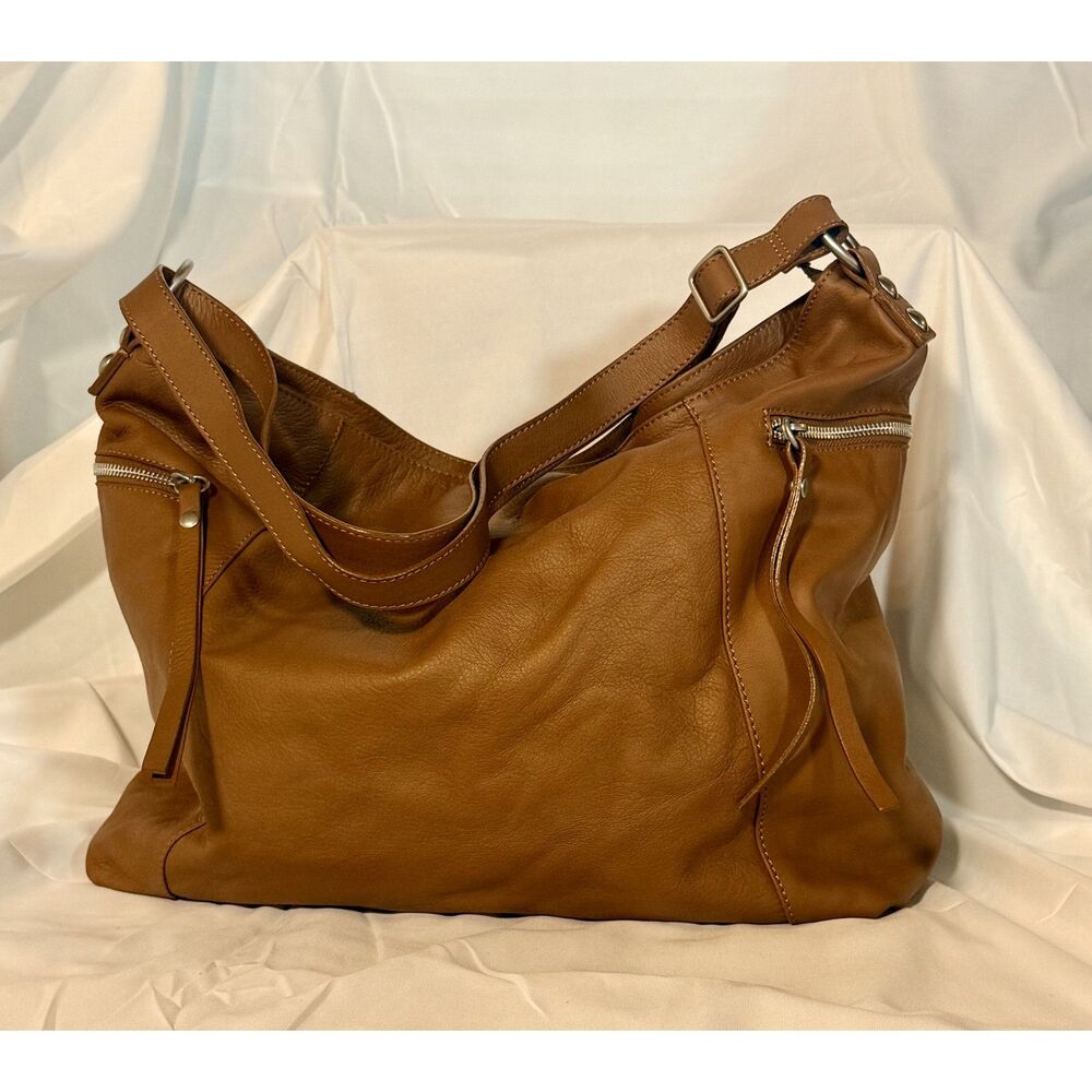 COCCINELLE Oversized Cognac Leather Slouchy Hobo Bag